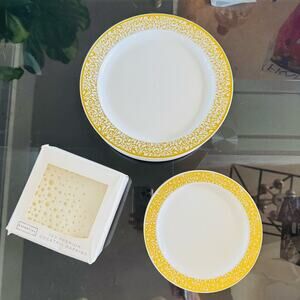 20 NEW Gold Swirl Rim White Plastic Disposable Party Plates Polka Dot Napkins